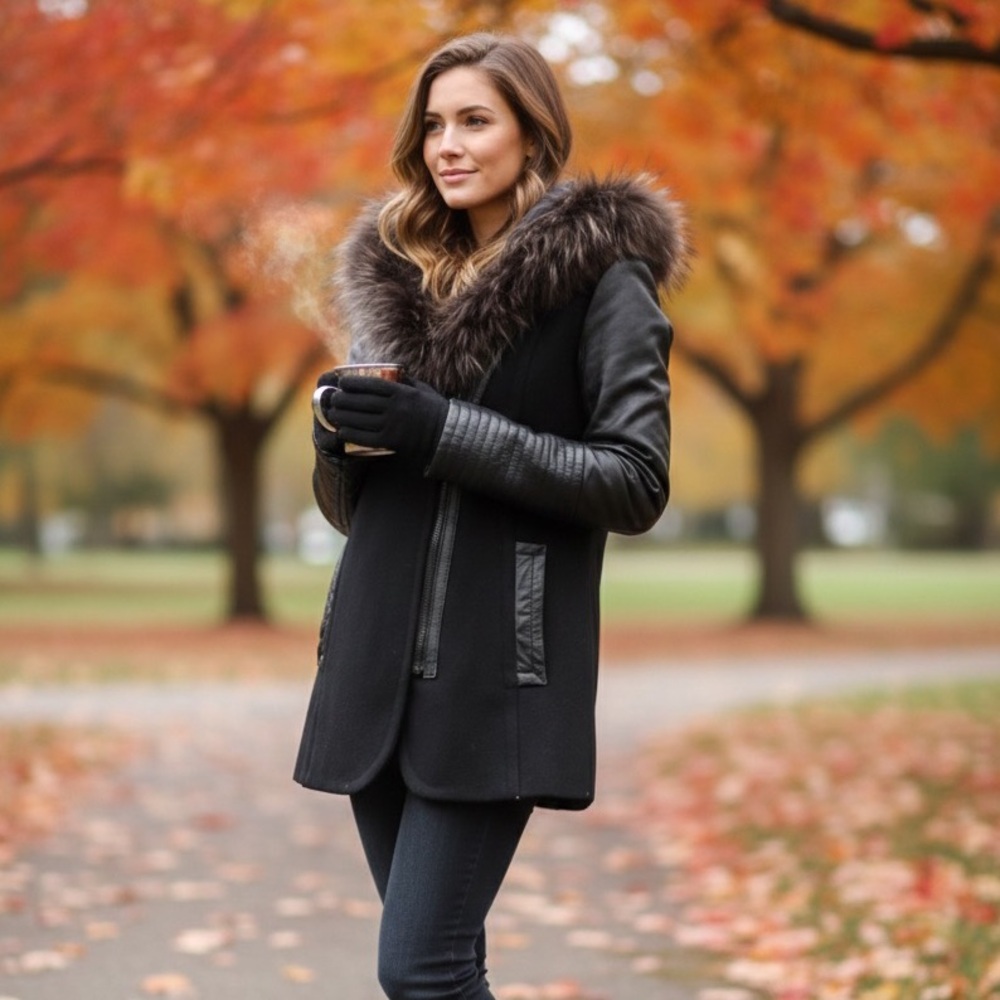 Blink by Danier Wool Parka Jacket Leather Sleeves Fur Trim Collar and Hood XS